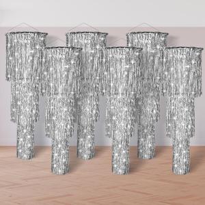 6 Pcs 3 Tier Metallic Tinsel Chandelier Shimmering Fringe Chandelier Decor Hanging Decoration Photo Booth Backdrop for Birthday Anniversary Wedding Party Supplies, 4 Ft(Silver)