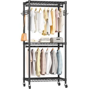 Mini Rolling Clothes Rack with Adjustable Metal Wire Shelving, Heavy Duty Clothing Rack for Hanging Clothes, Portable Closet with Wheels Side Hooks, Freestanding Closet Wardrobe, Black