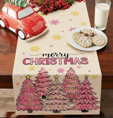 Croar Merry Christmas Tree Pink Dining Table Runner, Xmas Pine Trees Gold Snowflake Burlap Kitchen Decoration, Winter Holiday Indoor Outdoor Home Decor Party Supply 13 x 72 Inches, Pack Of 2