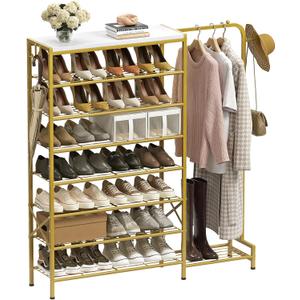 Shoe Rack with Coat Rack, 8 Tier Tall Shoe Storage Organizer with Hooks, 3-in-1, Wooden Top Shelf, Sturdy Frame, Metal Clothes Hanger Stand for Entryway, Closet, Gold
