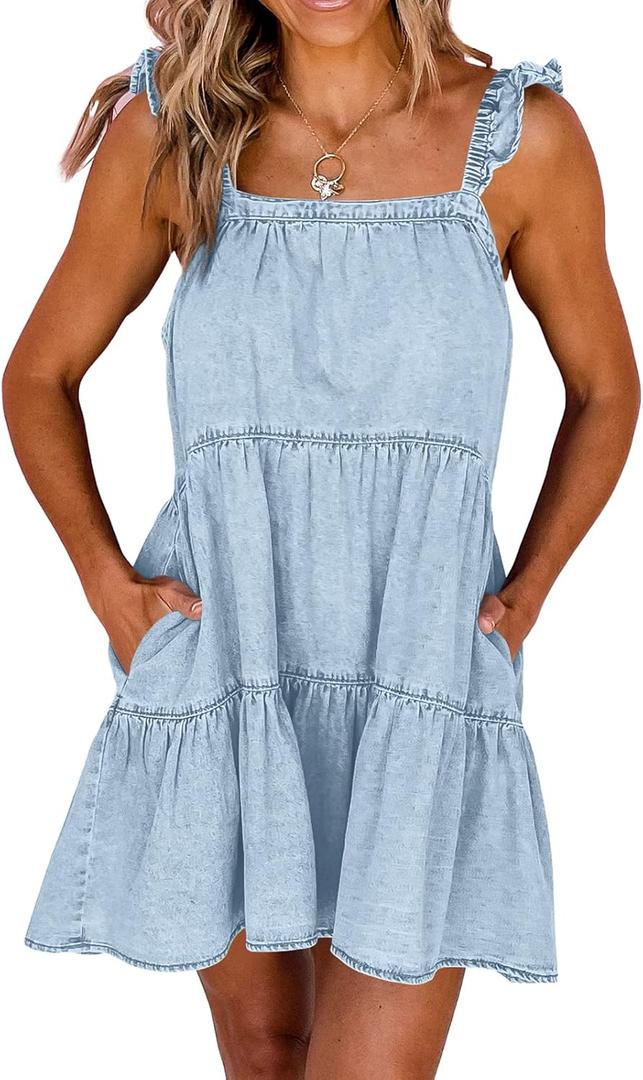 Newffr Womens Summer Denim Dress Square Neck Ruffle Trim Sleeveless Babydoll Flowy Jean Dresses with Pockets (Small, Light Blue)