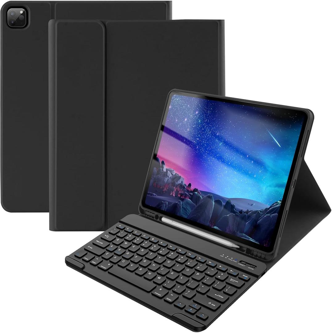 Slim Smart Case with Detachable Keyboard for iPad Air 13 inch & iPad Pro 12.9 inch - Wireless, Compatible with iPad Pro 6th/5th/4th/3rd - Pencil Holder, Black