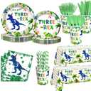 AIBIIN 194pcs Three Rex Birthday Decorations for Boy 3rd Birthday Party Plates, Cup, Napkin, Tablecloth, Tableware, Dinosaur 3 year old Birthday Party Supplies Plates Serve 24 Guests