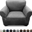 Single Sofa Cover Leather Look Chair Covers for Living Room 1-Piece Sofa Chair Covers with Arms Stretch Furniture Protector with Elastic Bottom & Pockets(Armchair, Grey)
