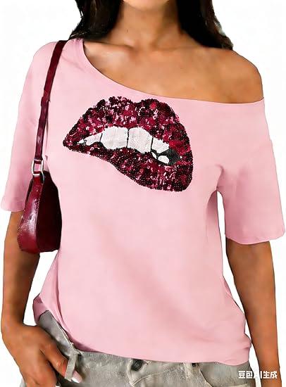 Women's Off Shoulder Tops Sequin Y2k Tops 2026 Spring Tshirts Skeleton Graphic Tees 80s 90s Outfits Going Out Clothes, Medium
