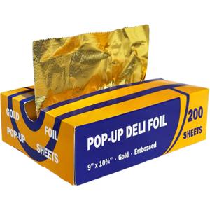 200 Count Pre-cut Pop-up Deli Aluminum Foil Sheets  Gold Color, 9 x 10.75 Disposable Wrappers for Food Wrap, 200 Sheets Pop-up Foil with Embossed Design