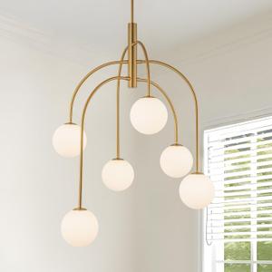 LamQee 6 Lights Mid Century Modern Chandelier, Milk Glass Globe Chandelier Light Fixture with Gold Metal & White Ball, Large Pendant Lighting Ceiling Hanging for Dining Room Kitchen Island Entryway