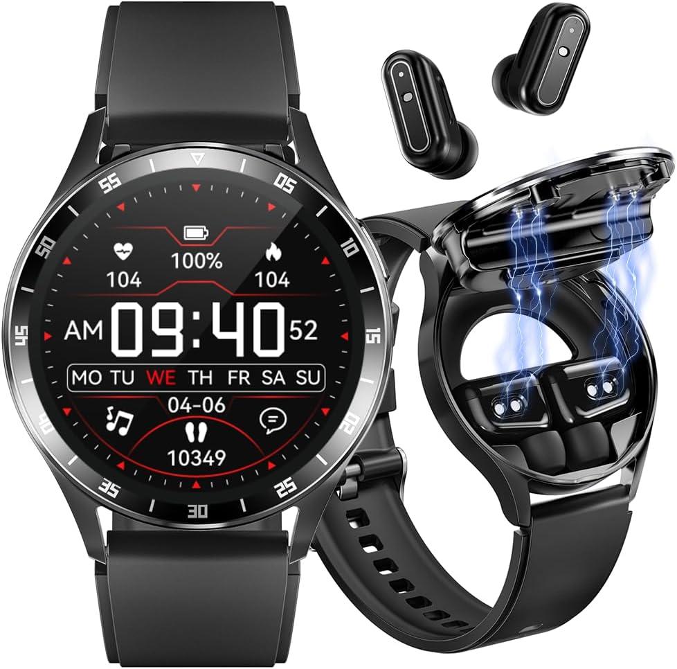 Smart Watch with Earbuds, 1.32 Inch Round Fitness Watch X10, 2 in 1 Bluetooth Watch with Step,Calories,Sleep Monitor,Heart Rate Blood Pressure Monitor for iOS & Android (Black)