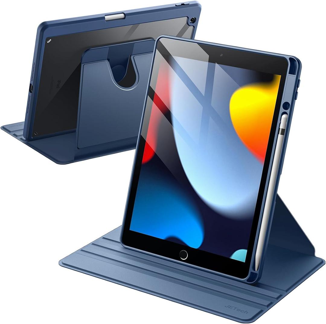 JETech Rotating Case for iPad 9/8/7 (10.2-Inch, 2021/2020/2019 Model, 9th/8th/7th Generation) with Pencil Holder, 360 Degree Rotation Protective Stand Cover Clear Back, Auto Wake/Sleep (Navy)