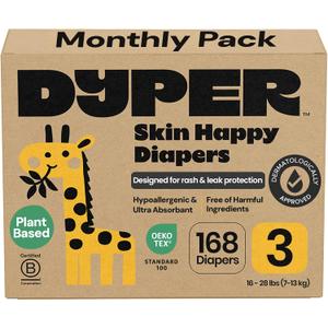 DYPER Monthly Pack Baby Diapers Size 3 (16-28 lbs) 168 Count - Leak-Proof & Plant Based, Hypoallergenic and Ultra Absorbent Size 3 Diapers for Day and Overnight Skin Protection