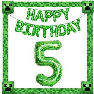 Green Pixel Foil Balloon Set (2pcs)  "Happy Birthday" Letter Banner + 40" Number 5 Balloon  Party Supplies with Matching Rope & Straw, Backdrop Decorations