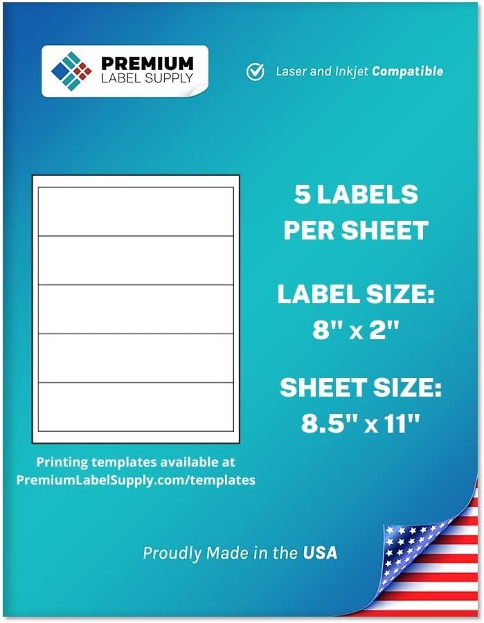 Premium Label Supply Matte White Water Bottle Stickers- NOT Waterproof  8" x 2"  Laser/Inkjet Compatible  (5 per Sheet), 100 Sheets  500 Total Adhesive Labels