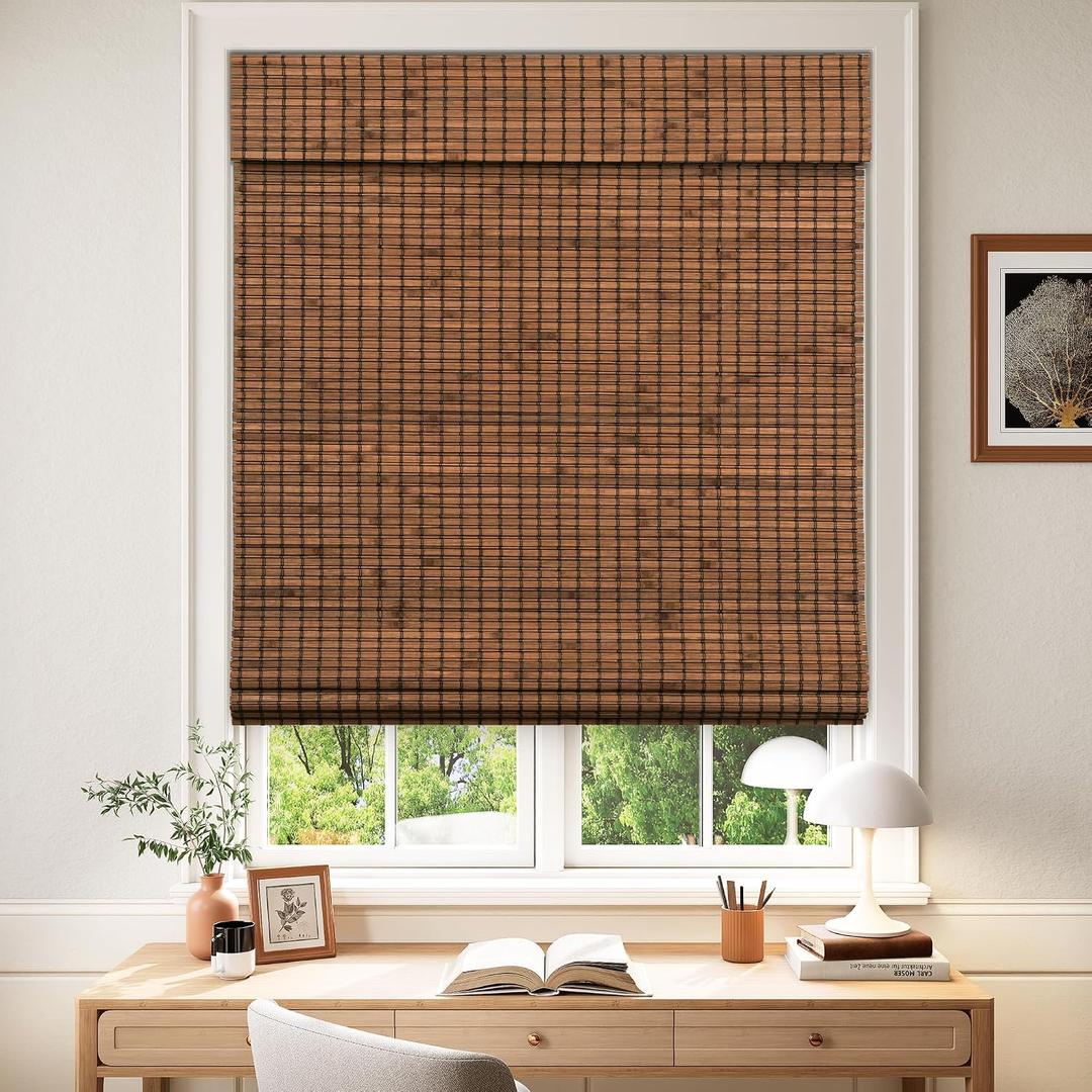 LazBlinds Cordless Blackout Bamboo Roman Shades, Room Darkening Blinds for Interior Windows, Thermal Insulated Roll Up Bamboo Blinds for Home & Patio, 32" W x 64" H, Penang Teak