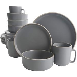 Gibson Home Zuma 16 Piece Round Kitchen Dinnerware Set, Dishes, Plates, Bowls, Mugs, Service for 4, Matte Stoneware, Grey, Gray
