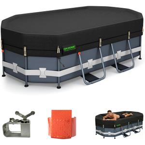 QH.HOME 550D 16x10 Ft Oval Pool Cover [Upgraded Tear Resistant & Quadruple Windpoof] wth Pre-Installed Patented Winch and Rope,Pool Covers for Above Ground Pools Oval-Snug Fit & Waterproof Protection