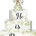 4 Pcs Easter Table Decor He is Risen Tiered Tray Decorations Set Christian Easter Spring Green Cross Rustic Farmhouse Wooden Stack Block Signs Religious Tabletop Party Decor for Home Office