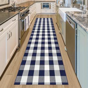 Buffalo Plaid Runner Rug 3x10 Feet Navy and White Checkered Runner Rug Cotton Woven Farmhouse Floor Mat Washable Rugs for Hallway Kitchen Laundry Bedroom Living Room