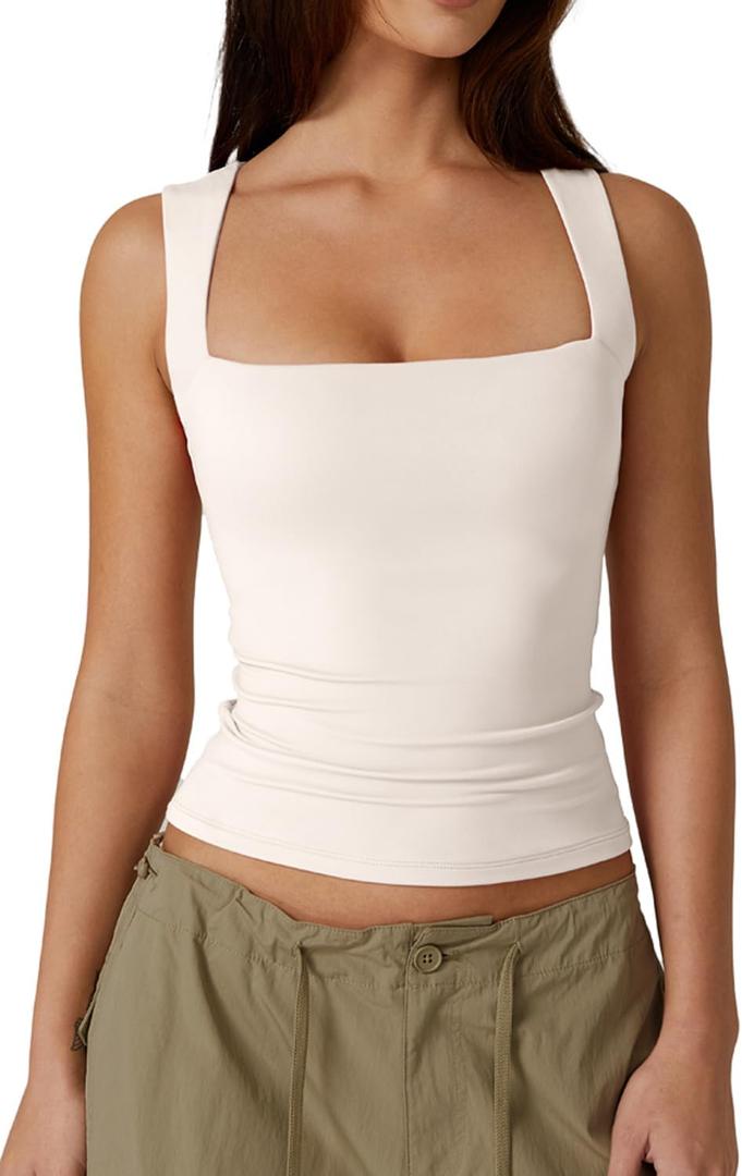 QINSEN Women's Double Layer Tank Tops Square Neck Sleeveless Basic Tight T Shirts (Medium, Beige)
