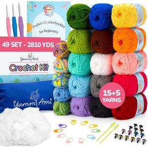 2,810 Yards Beginner Crochet Kit for Adults & Kids 49 Pc Amigurumi Crochet Kit for Starters with 20 Skeins Acrylic Yarn, Crochet Accessories Set, Pouch, and Bundle to Learn Crocheting, Multicolor 