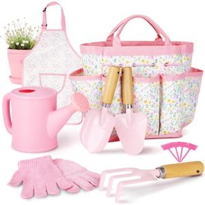 Kids Gardening Set, Gardening Tools Kit for Kids and Toddlers, Includes Wooden Rake, Two Shovels, Gloves, Watering Can, Apron, and Tote Bag, Outdoor Toys for Girl Boy, Pink