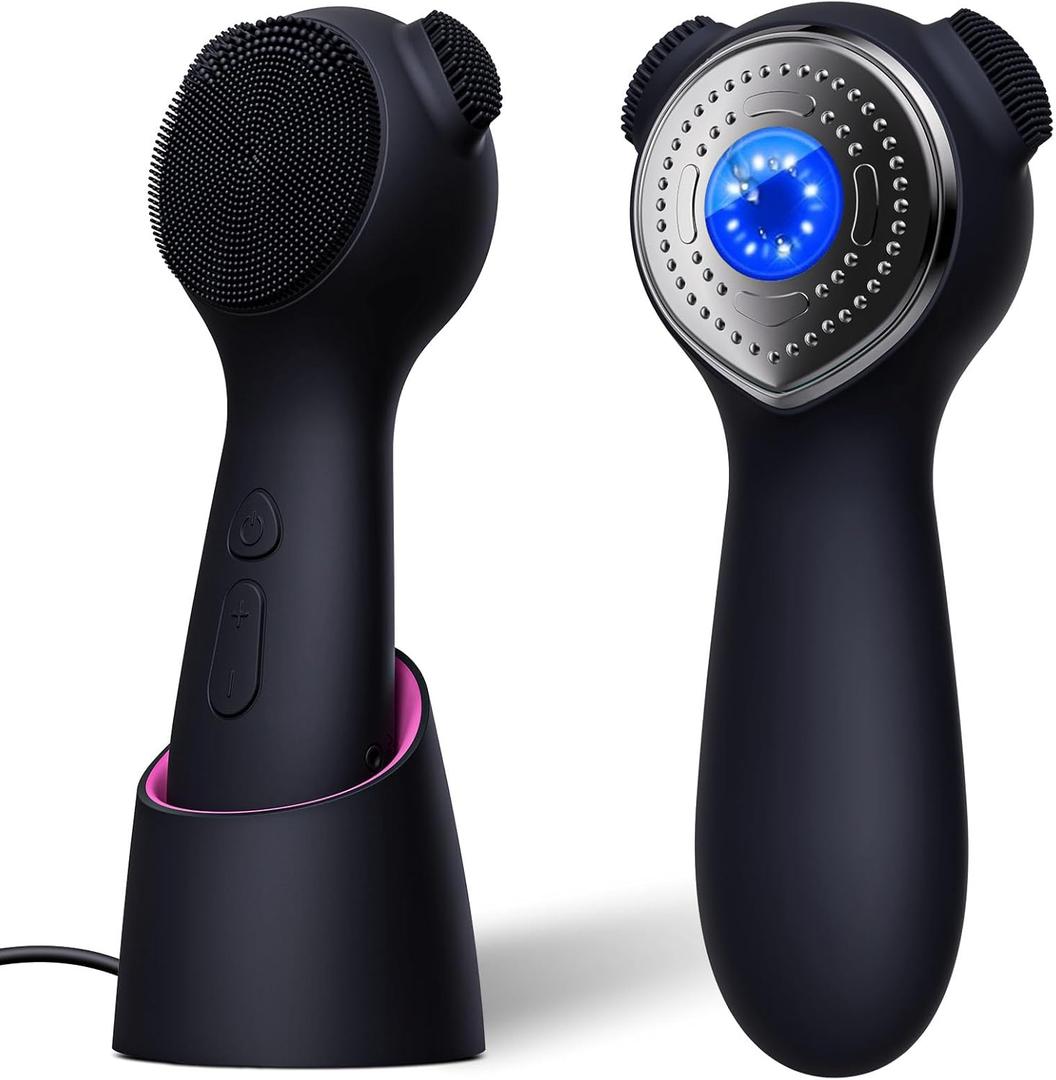 Silicone Face Scrubber Exfoliator Electric for Men Women, Rechargeable Facial Cleansing Brush with Wireless Charging Dock, Waterproof Sonic Vibrating Face Scrub Brush Cleanser for Exfoliating, Black