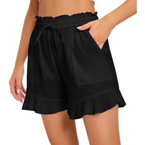 Womens Summer Linen Shorts Wide Leg High Waisted Ruffle Draswtring Beach Flowy Shorts with Pockets (Black, L)