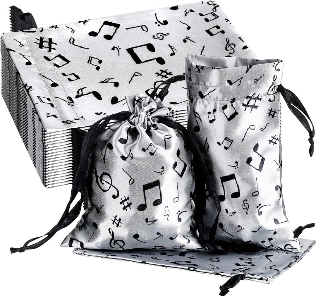 Wesnoy 24 Pcs Music Notes Gift Bags Musical Note Drawstring Treat Bag Music Decorations Party Favor for Musician Gifts Social Media Musical Party Supplies(5 x 7,Black on the Silver)