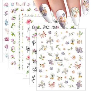 12 Sheets Flower Nail Stickers - Self Adhesive Spring Nail Stickers for Nail Art - Wildflower Daisy Butterfly Design for Women Nail Art Decorations Supplies