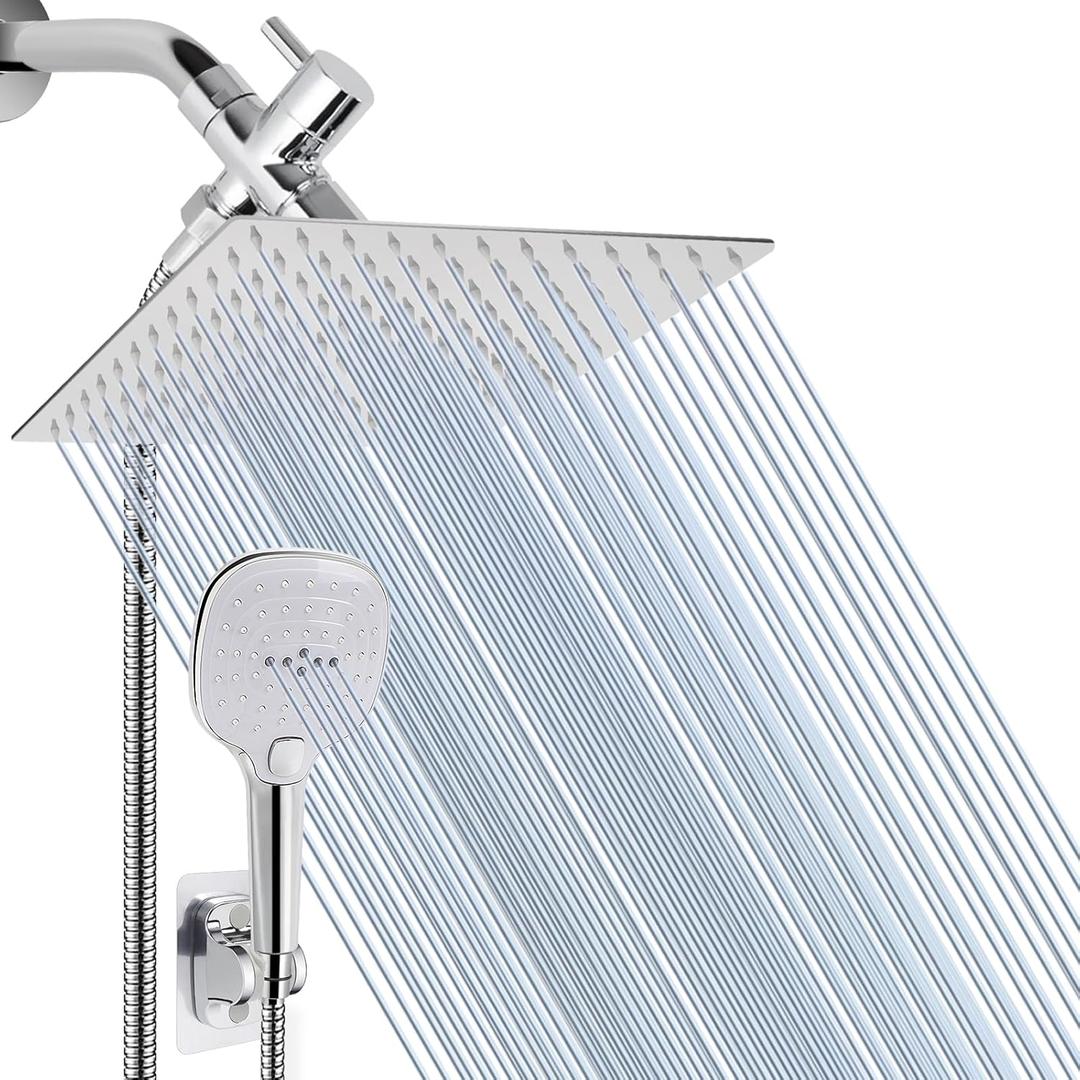 NearMoon Shower Head with Hose, High Pressure Stainless Steel Rain Shower and 3 Settings Handheld Spray Combo with Push Button Flow Control (12 Inch, Chrome Finish)