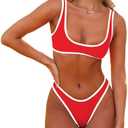 SherryDC Women's Sexy Scoop Neck Bikini Sets Color Block High Cut Thong Brazilian Two Pieces Swimsuit Bathing Suit, Red, L