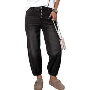 Dokotoo Harem Jeans for Women Button Front Casual Trendy Loose Fit Baggy Denim Pants with Pockets