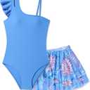 Girls Swimsuit One Piece Swimwear Top with Tropical Print Cover Up Skirt Girls Bathing Suit 7-16 Years (9-10 Years, Blue)