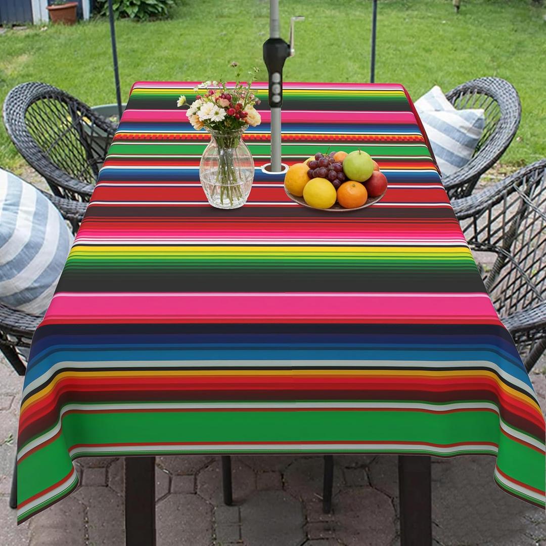 Outdoor Tablecloth with Umbrella Hole and Zipper, Blue Purple Stripe Table Cloth Rectangle 60×84 Inch Waterproof Fade Resistant Patio Table Cover for Spring Summer Garden Picnic Dinner