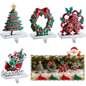 Minetom Christmas Stocking Holders for Mantel, Set of 4 Wreath Sleigh Christmas Ball Christmas Tree Metal Standing Stocking Hook Red Green Resin Sturdy Stockings Hanger for Fireplace Window Decoration