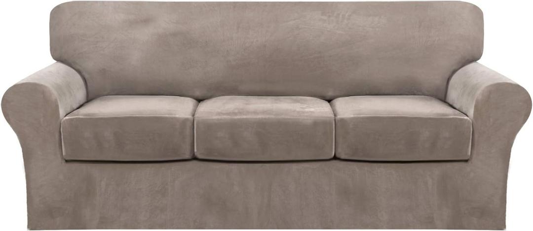FantasDecor 4 Piece Sofa Velvet Couch Covers for 3 Cushion Stretch Slipcover with Individual Seat Cushion Elastic Furniture Protector for Pets, Machine Washable (Sofa, Taupe)