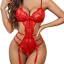 Avidlove Lace Lingerie for Women V Neck Teddy Bodysuit with Garter Belts Red S