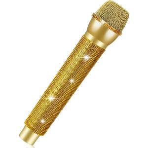 Sanwuta Bling Microphone Prop, Rhinestone Fake Microphone, Sparkly Glitter Toy Mic for Lip Sync, Disco Party Favors, Stage Performance, Christmas Halloween Cosplay Accessories (Gold)