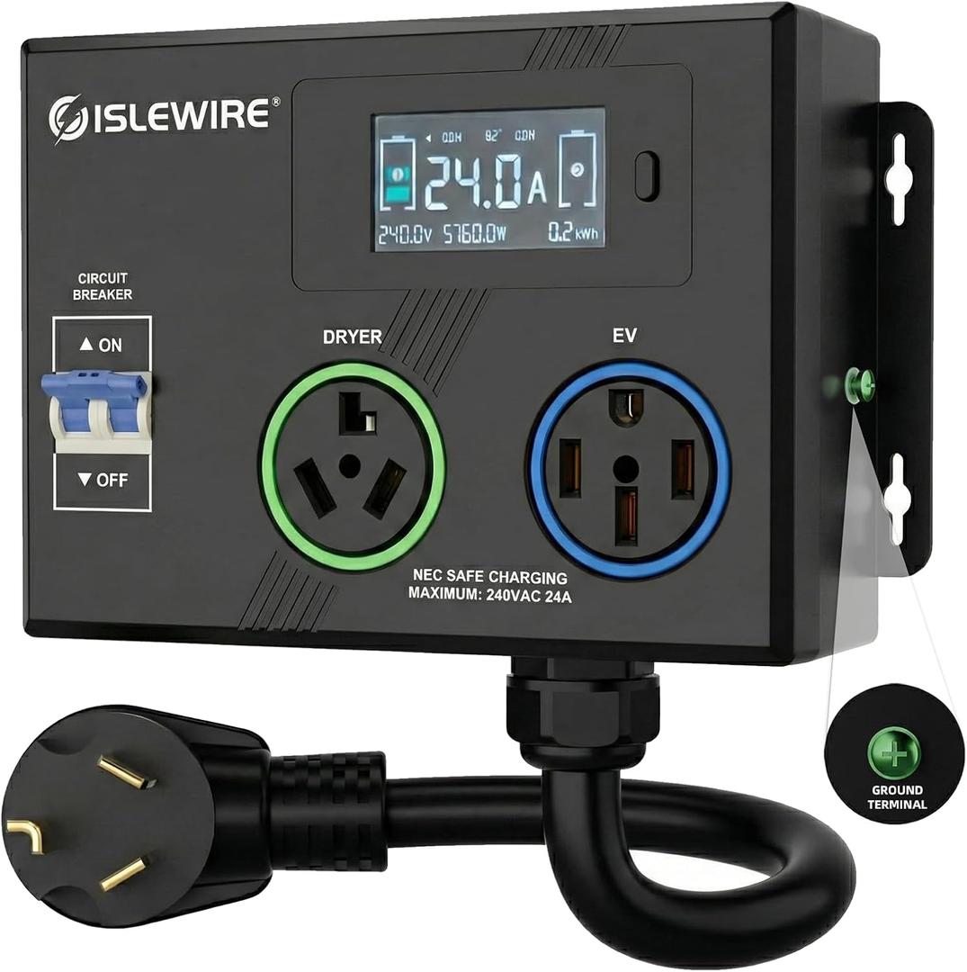 Smart Dryer Splitter for EV and Dryer, 240V Auto Power Switch for Dryer Outlet, 3-Color LED Ring, 3.4" LCD Display, No Rewiring Needed, NEMA 10-30 Plug, NEMA 10-30 & NEMA 14-50 Outlets (24 Amp)