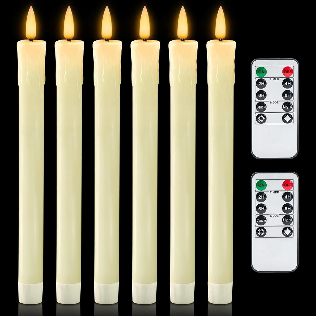 Homemory 6 PCS Real Wax Flameless Taper Candles with Remote, Flickering LED Candlesticks with Timer Dimmer, Fake Candles for Xmas Wedding Celebration Decor, Ivory, 9.6 Inches