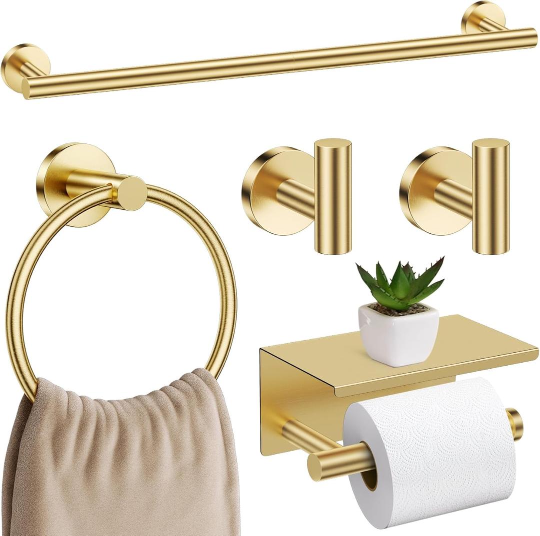 Brushed Gold Bathroom Hardware Set, 5 Pieces Gold Towel Bar Bathroom Accessories, Upgraded Toilet Paper Holder with Shelf Set, 23.6 Inch Towel Rack Towel Holder for Bathroom Wall