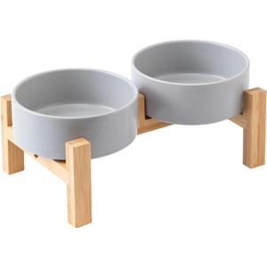 Elevated Ceramic Dog Bowl Set - Raised Dog Bowls with Non Slip Bamboo Stand, Food and Water Bowl Set for Kitty, Cats and Toy Breed Dogs, Pet Bowls, Weighted Dogs Dishes (5.1'', 2*16OZ, Grey)