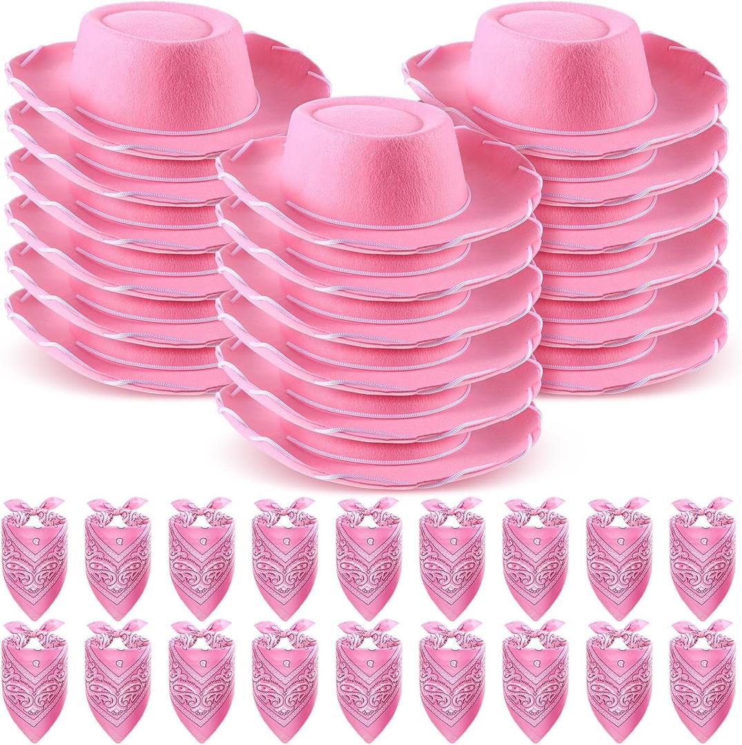 Unittype 18 Sets Cowboy Hats and Bandanas Bulk Kids Western Cowboy Costume Accessories Kids Party Supplies (Pink)
