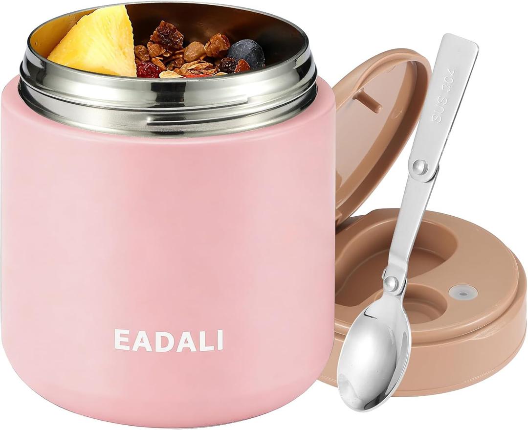Eadali 15.2oz Kids Food Jar for Hot Food  Vacuum Insulated Lunch Container with 316 Stainless Steel Interior, Leakproof Wide Mouth & Foldable Spoon for School Meals (Pink)