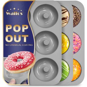 Walfos Donut Pan for Baking - Non-Stick Silicone Doughnut Pan Set, Silicone Donut Mold Heat Resistant, Make Perfect Donut Cake Biscuit Bagels, BPA FREE and Dishwasher Safe, Set of 3 (3 Inch Diameter, 3 Pcs Gray)