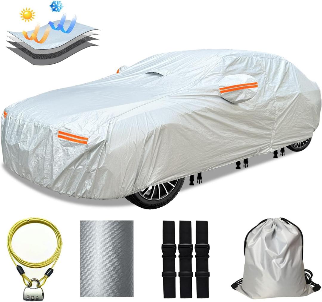 30 Layers Car Cover for Automobiles All Weather Waterproof, Outdoor Snowproof UV Protection Windproof, Door Zipper, Soft Cotton, Heavy Duty Universal Car Covers, (Silver, Fit Sedans 171"-180")