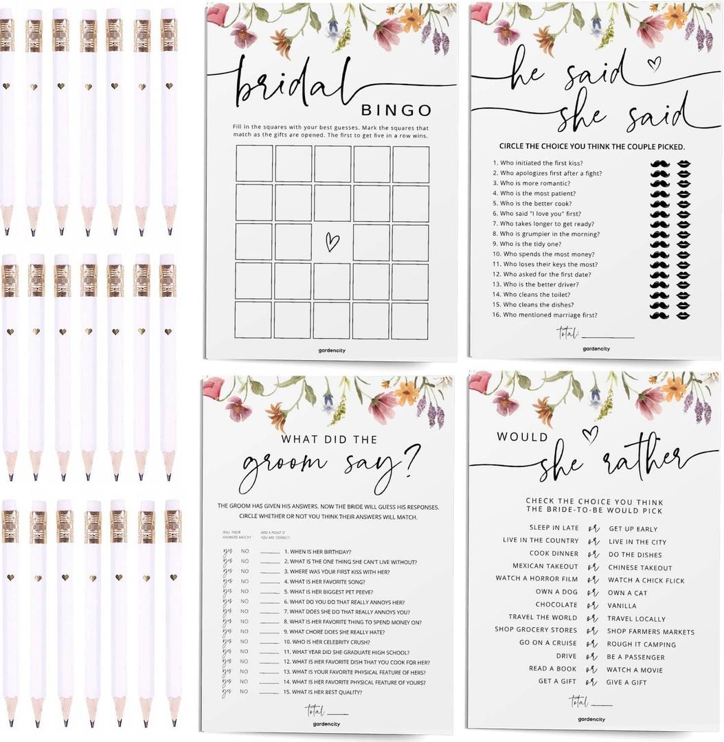 Wildflower Bridal Shower Games Bundle  4 Elegant Bridal Shower Games for 30 Guests + 30 Gold-Foil Heart Pencils, Double-Sided Floral Cards, Perfect for Bridal Showers & Weddings