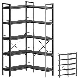Huuger 5 Tier Bookshelf, L Shaped Corner Bookshelf with 10 Open Shelves, 49.4 Inch Straight Wide Bookcase with Metal Frame and Wooden Board, Adjustable Feet, Black