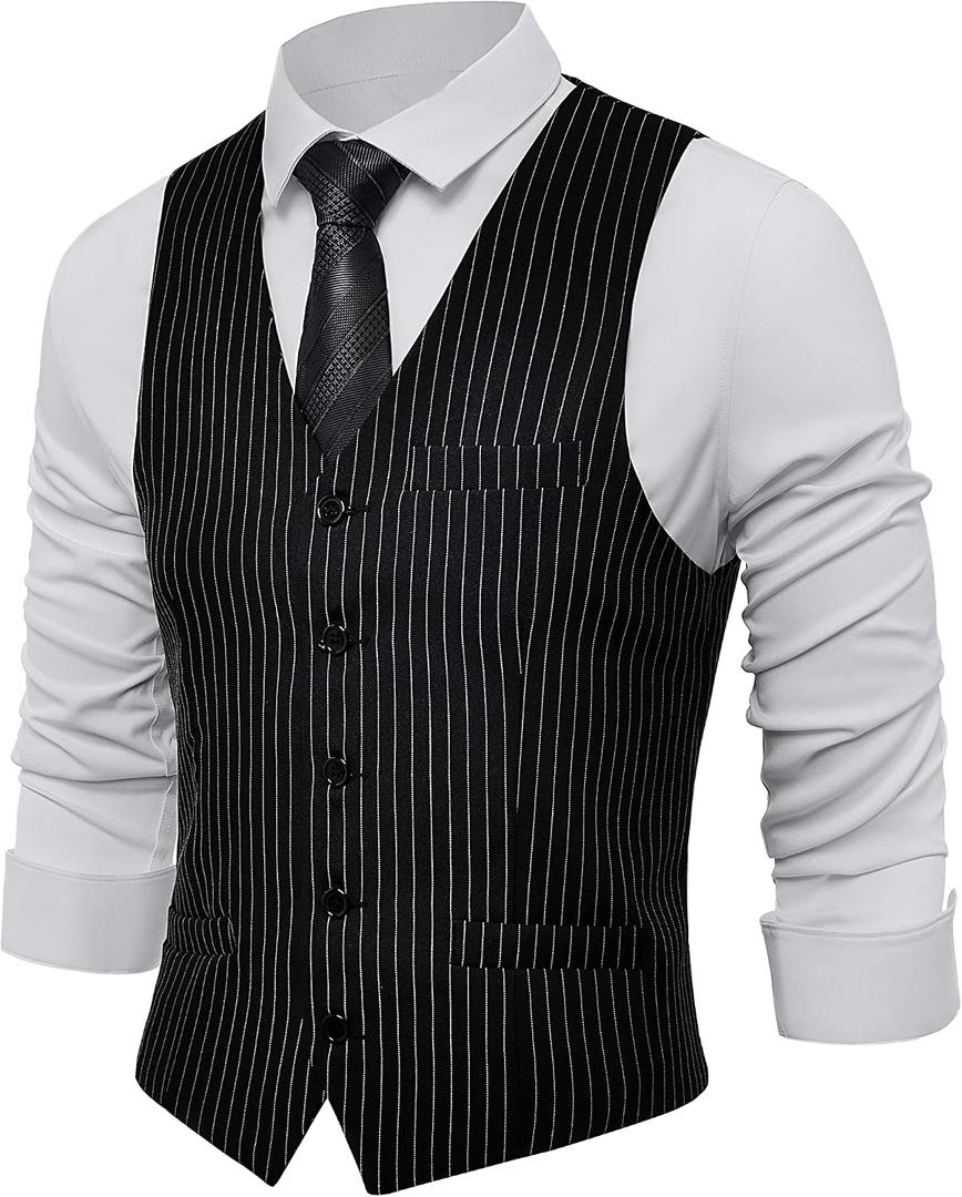 BABEYOND Men's Suit Vest Slim Fit Waistcoat Business Dress Vests for Suit Tuxedo, Large, Black Stripe