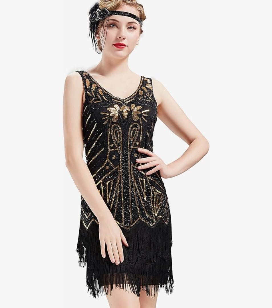 BABEYOND Women's Flapper Dresses 1920s V Neck Beaded Fringed Great Gatsby Dress, Size: S