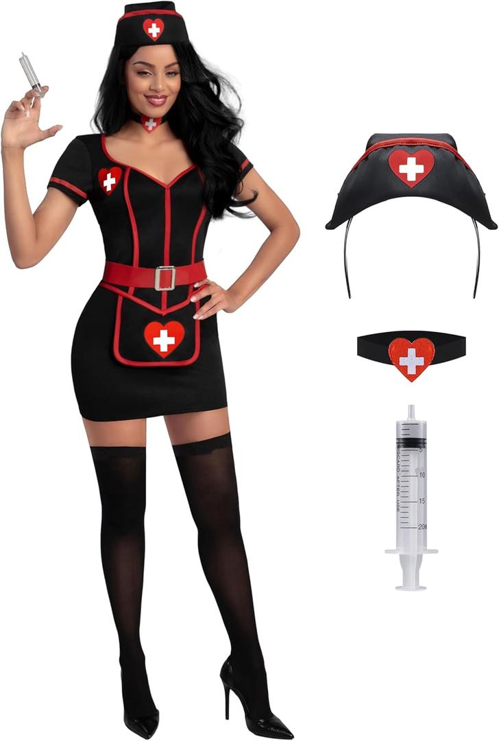 Spooktacular Creations Halloween Nurse Costume Woman, Black Nurse Costume Cardiac Arrest Dress for Halloween Costumes Cosplay (X-Large)